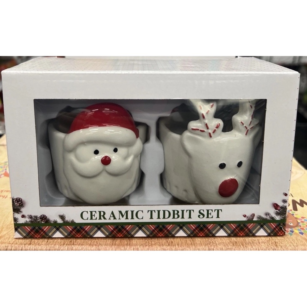 Ceramic Christmas Tidbit Holiday Set Of 2 Santa Claus & Reindeer New